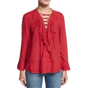 IRO Finley Red Ruffle Lace-up Blouse Boho